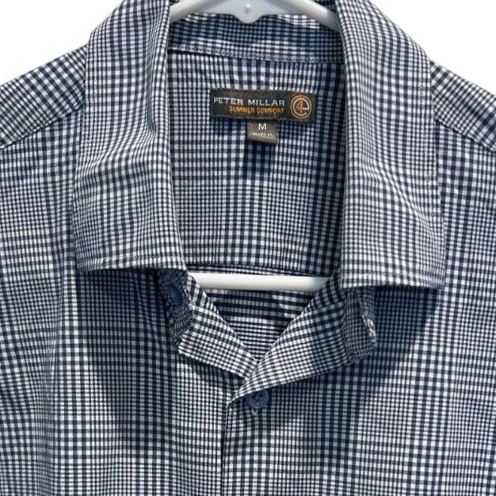 Peter Millar Shirt Medium Mens Navy Blue Summer Comfort Plaid Long Sleeve Button